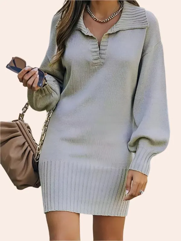 New women's sweater mid-length skirt lapel lantern sleeve pullover loose knitted sweater