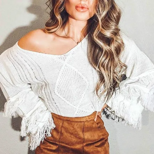 Oversize White Knitted Fringe Sweater