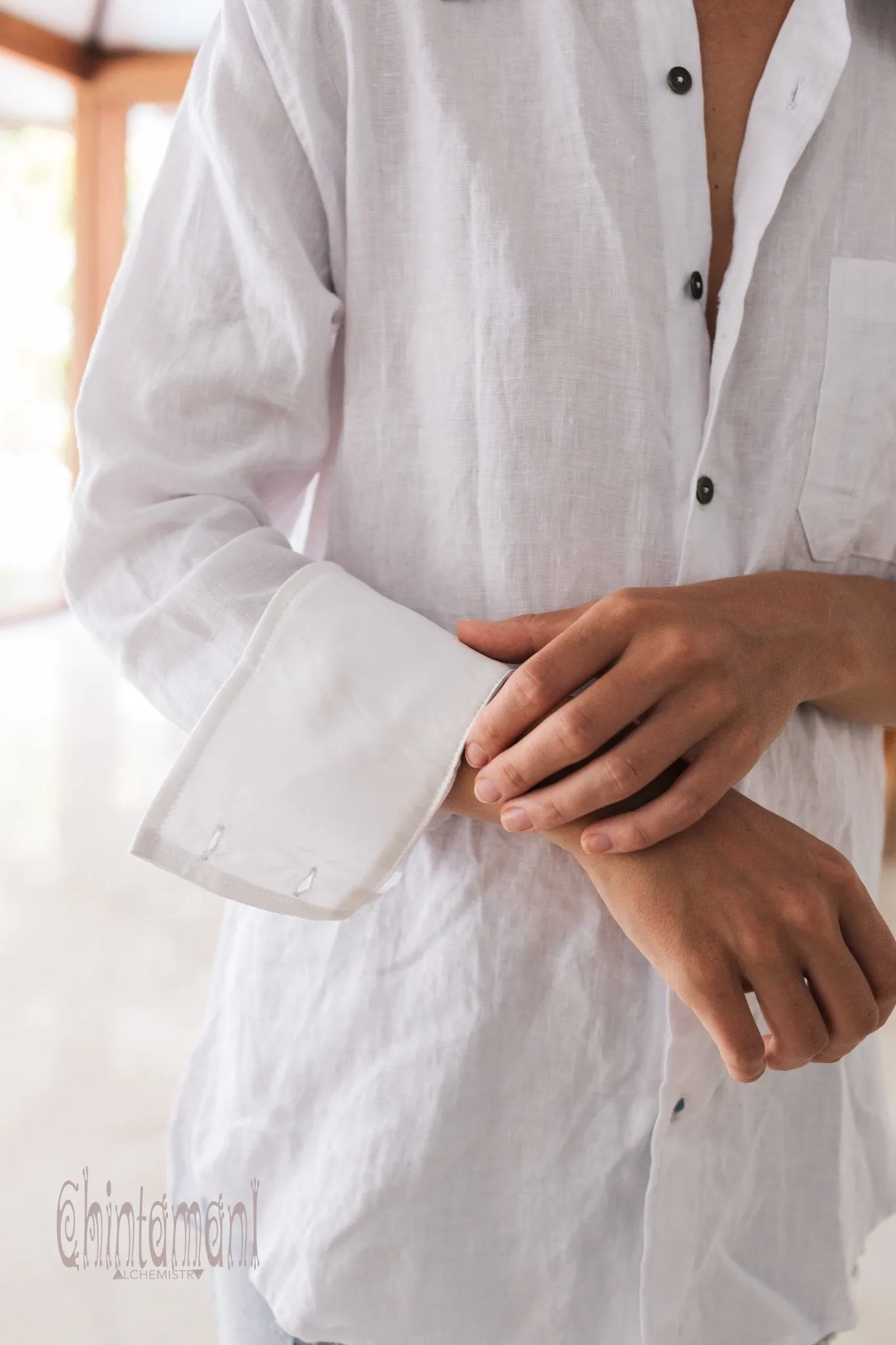 Oversized Linen & Silk Button Shirt for Women / White