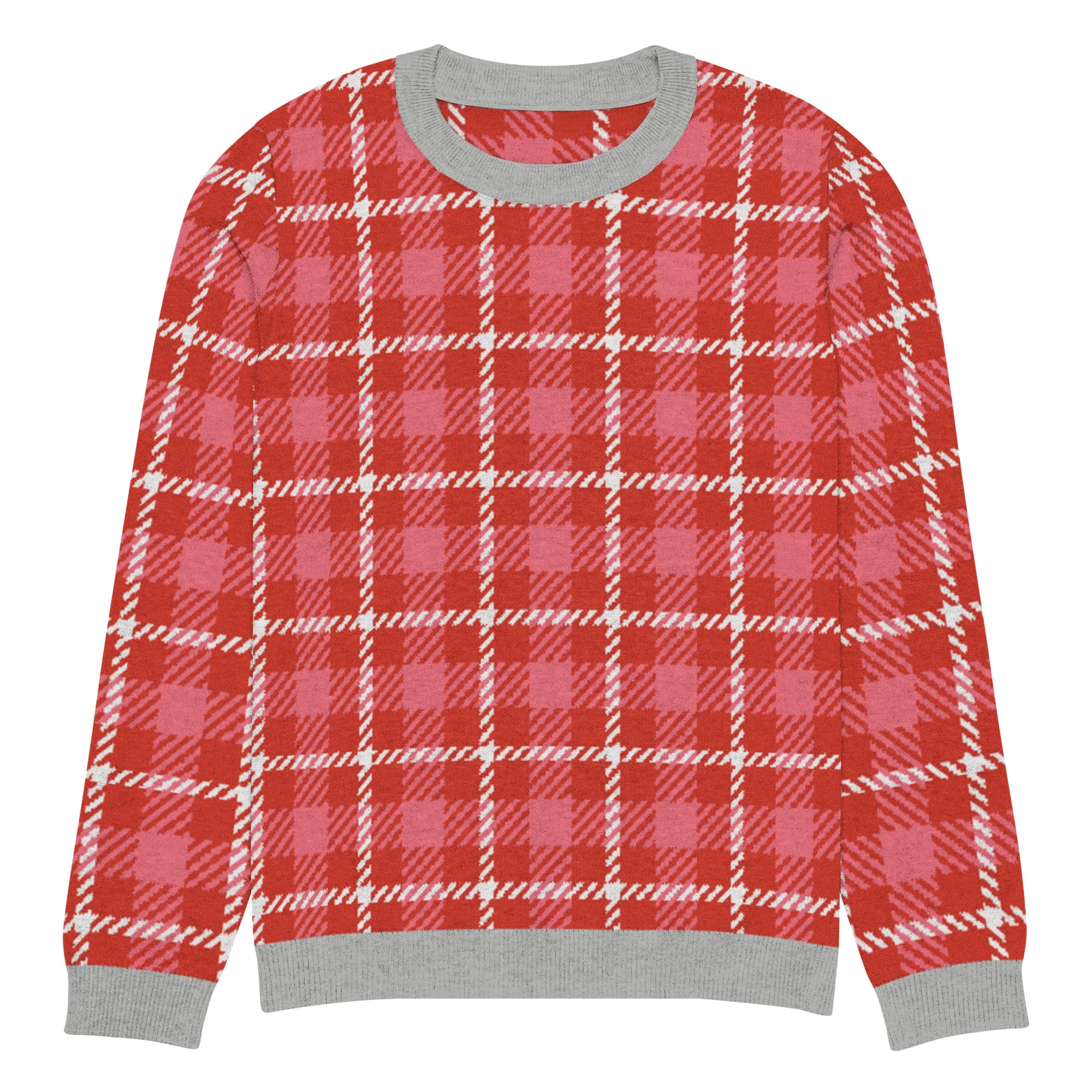 Pink Candy Patriot Plaid Knitted Crewneck Sweater