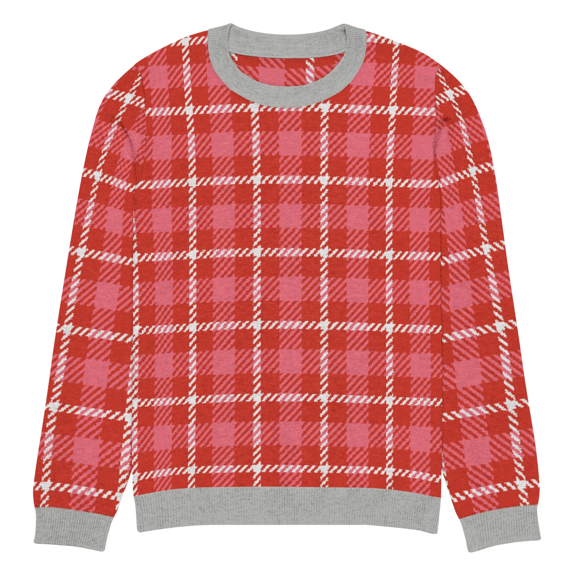 Pink Candy Patriot Plaid Knitted Crewneck Sweater