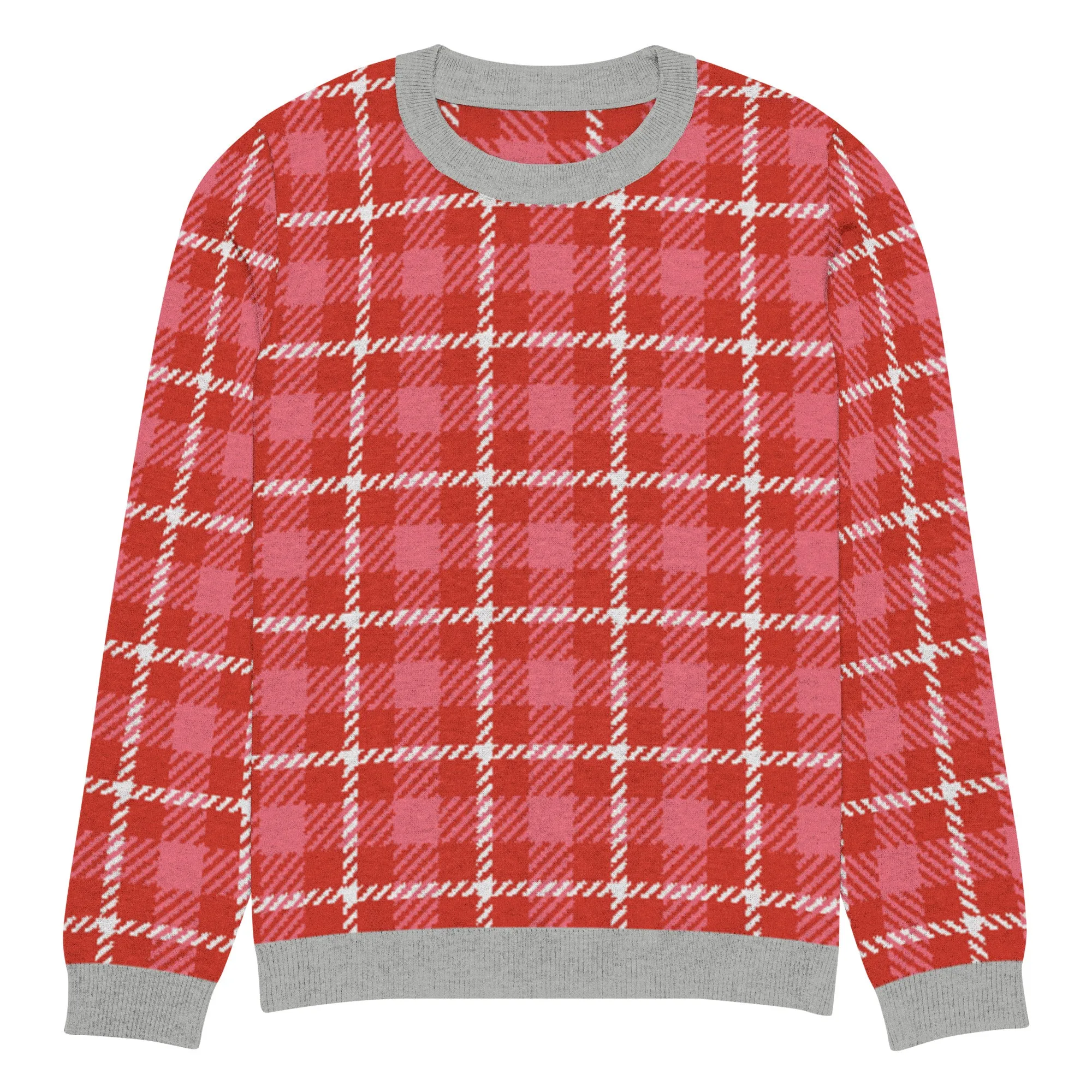 Pink Candy Patriot Plaid Knitted Crewneck Sweater