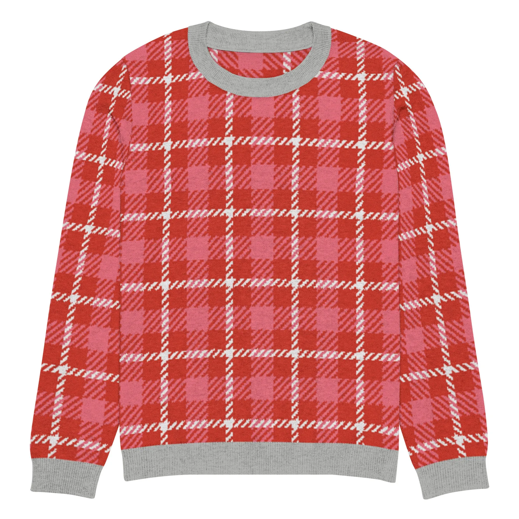 Pink Candy Patriot Plaid Knitted Crewneck Sweater