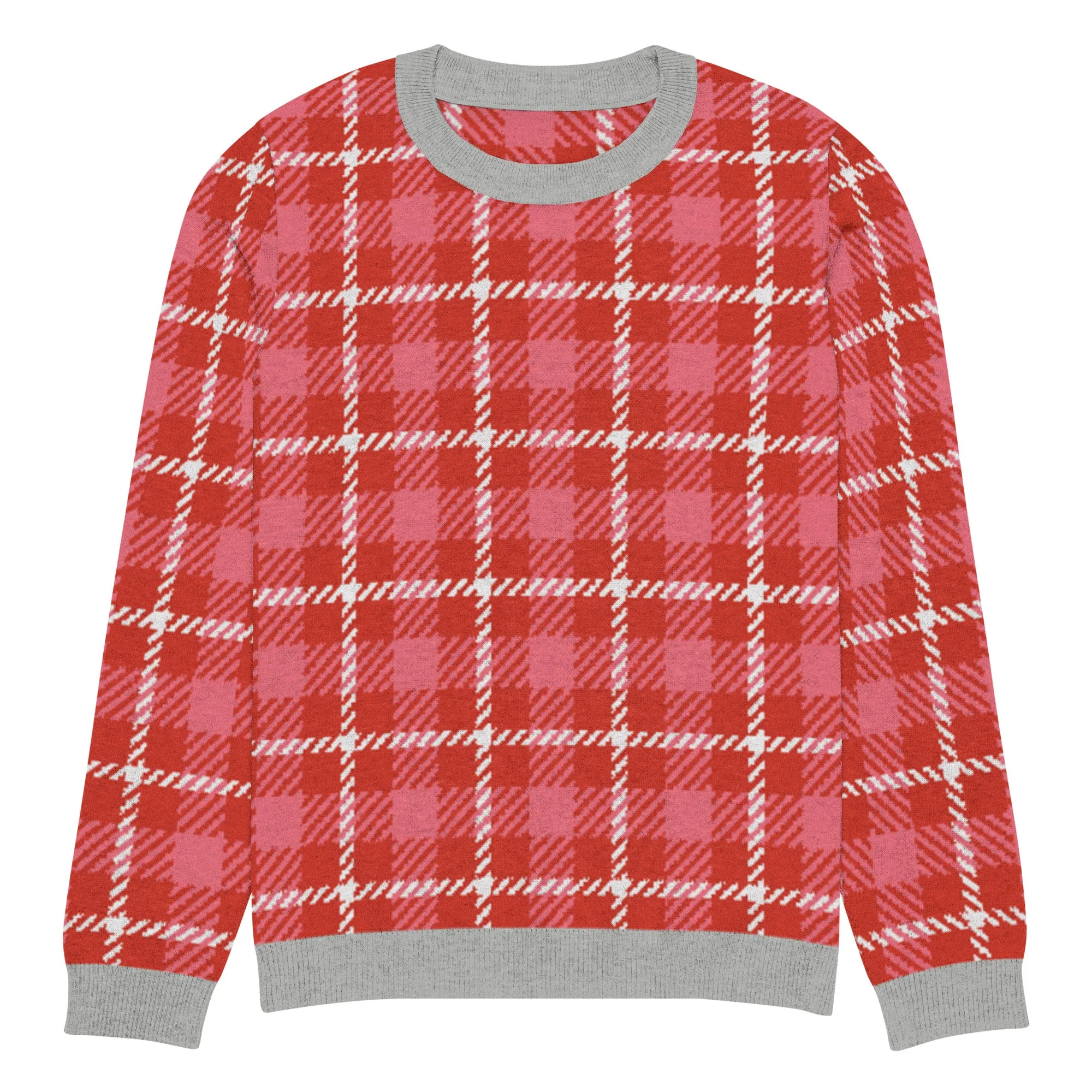 Pink Candy Patriot Plaid Knitted Crewneck Sweater