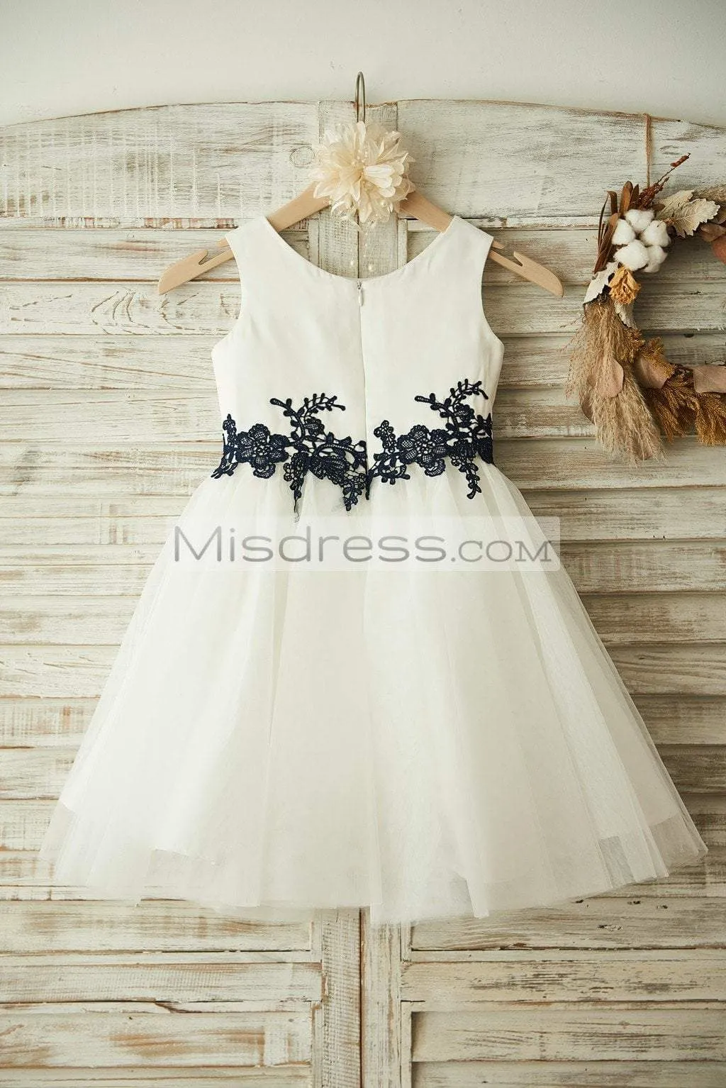 Princess Ivory Satin Tulle Black Lace Sleeveless Wedding Flower Girl Dress