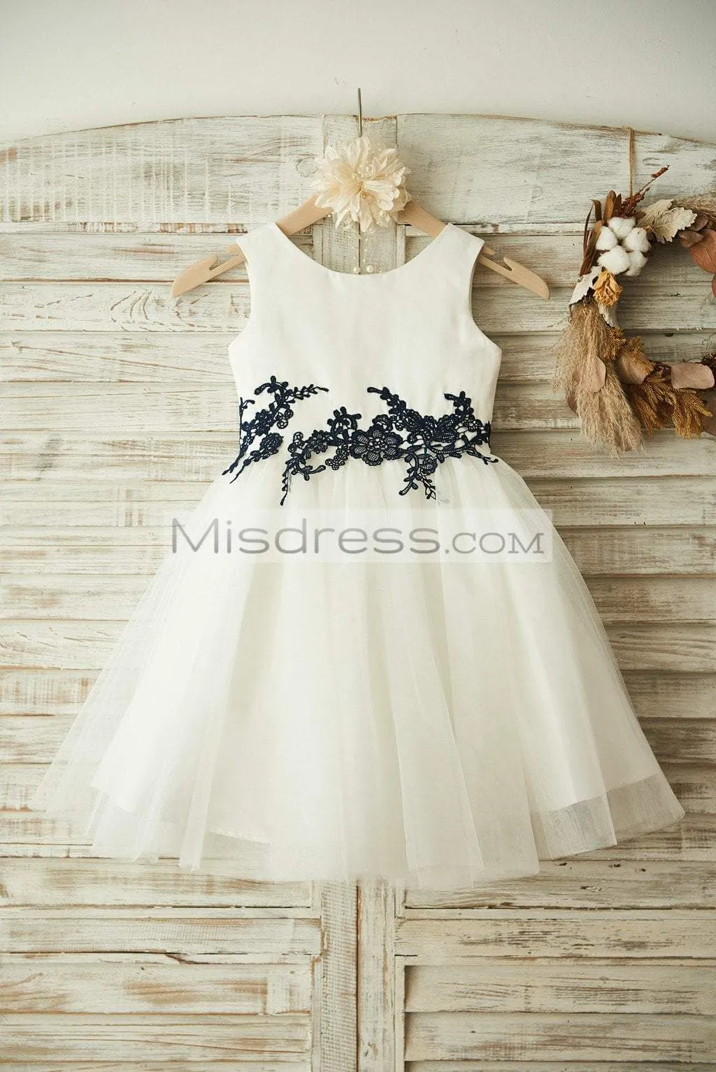 Princess Ivory Satin Tulle Black Lace Sleeveless Wedding Flower Girl Dress