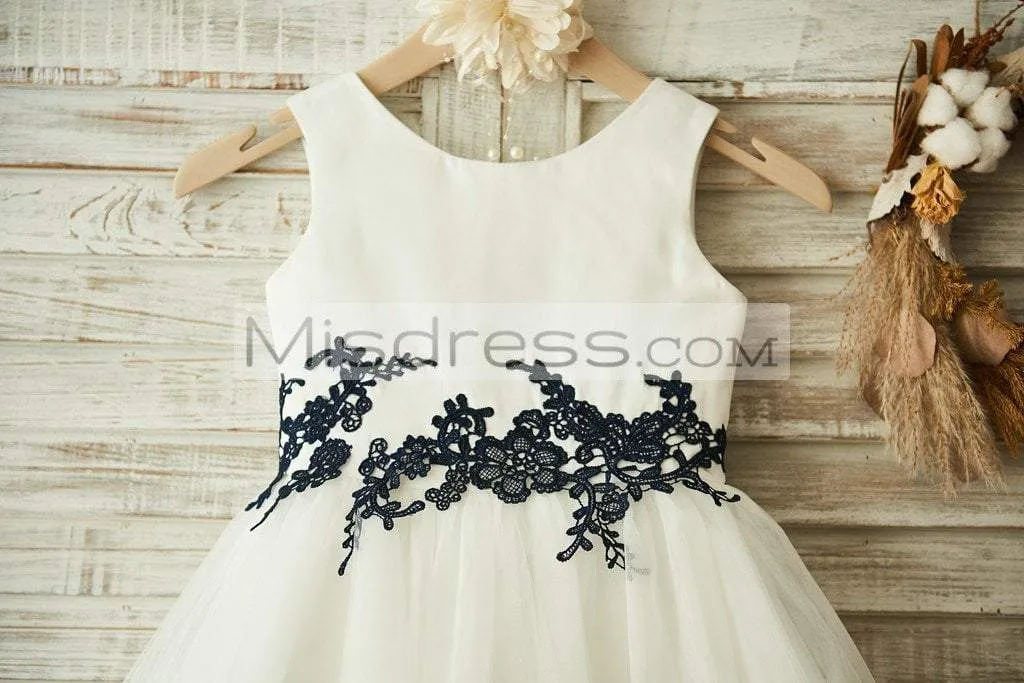 Princess Ivory Satin Tulle Black Lace Sleeveless Wedding Flower Girl Dress