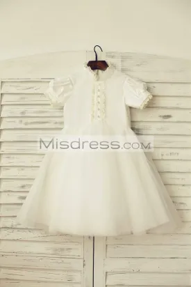 Princess Short Lace Sleeves Ivory Cotton Tulle Flower Girl Dress