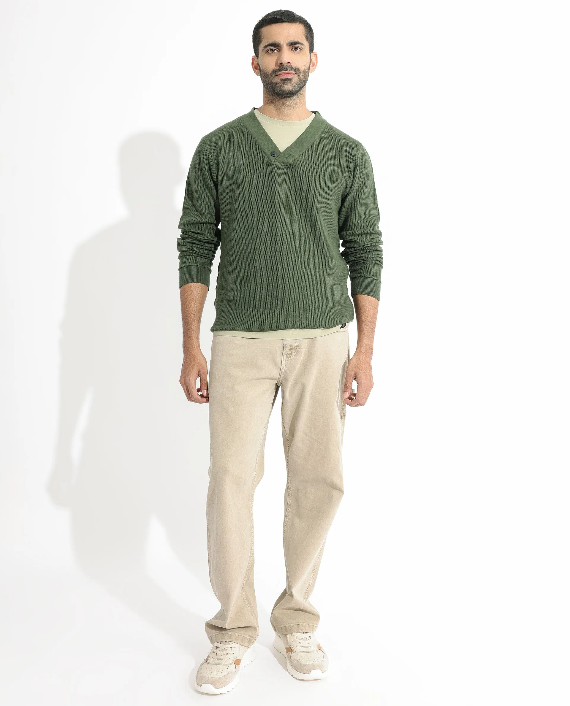 Rare Rabbit Mens Breeze Olive Sweater Full Sleeve V-Neck Solid