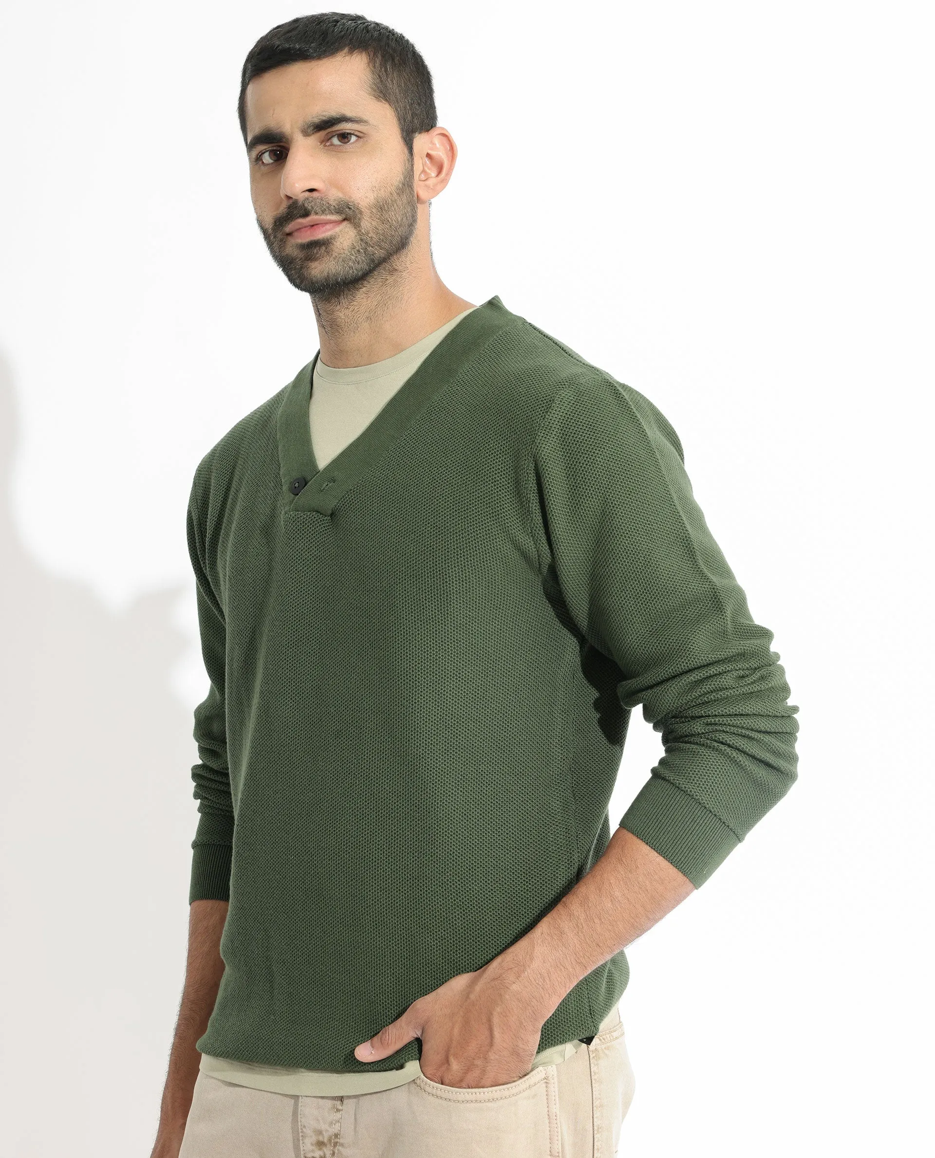 Rare Rabbit Mens Breeze Olive Sweater Full Sleeve V-Neck Solid