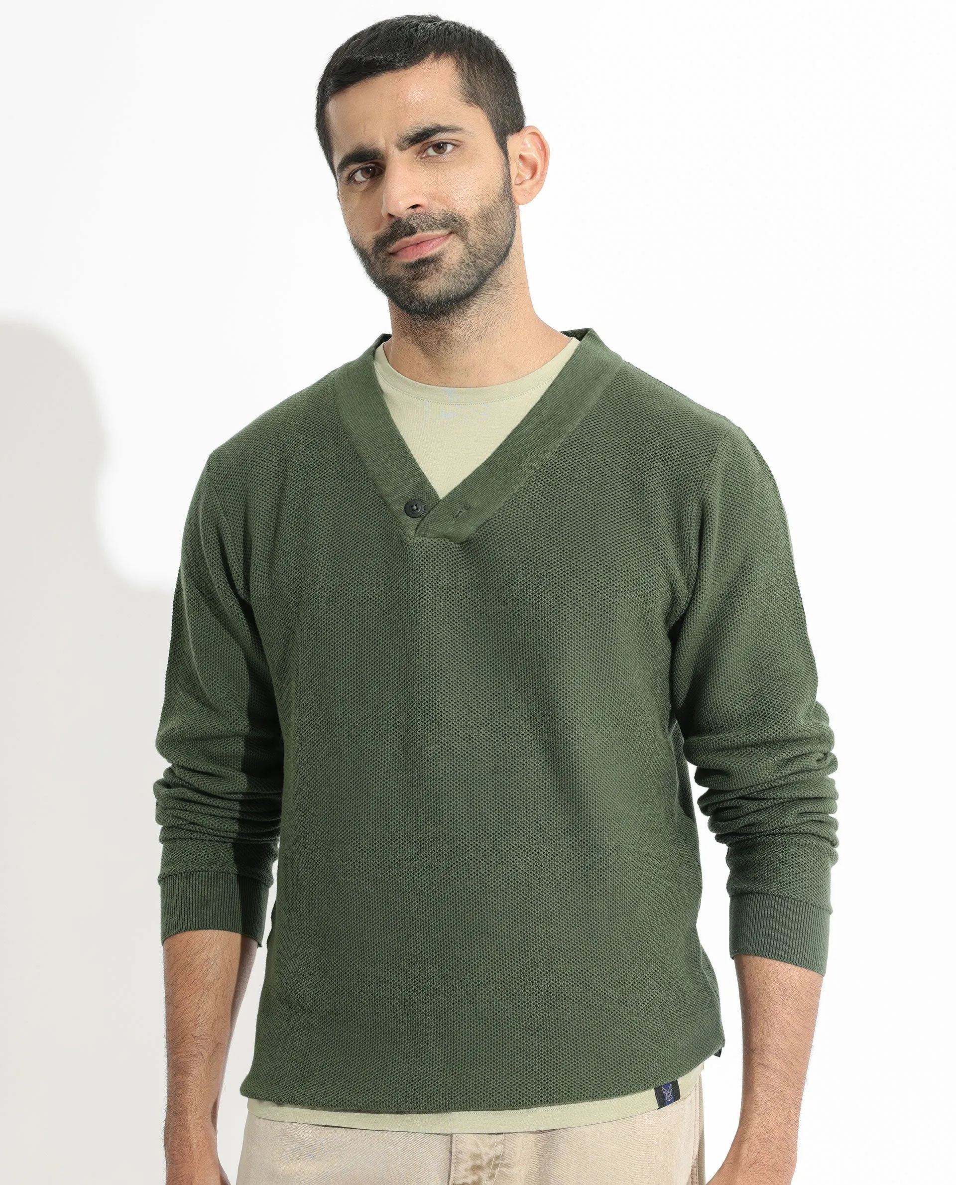 Rare Rabbit Mens Breeze Olive Sweater Full Sleeve V-Neck Solid