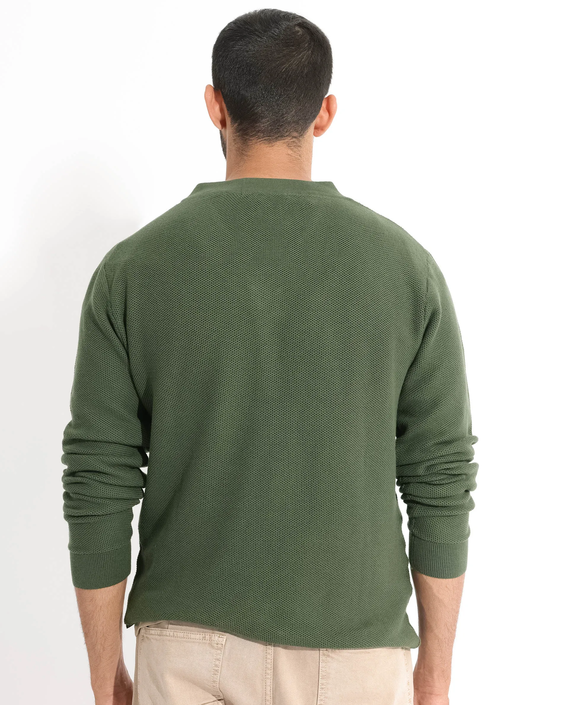 Rare Rabbit Mens Breeze Olive Sweater Full Sleeve V-Neck Solid