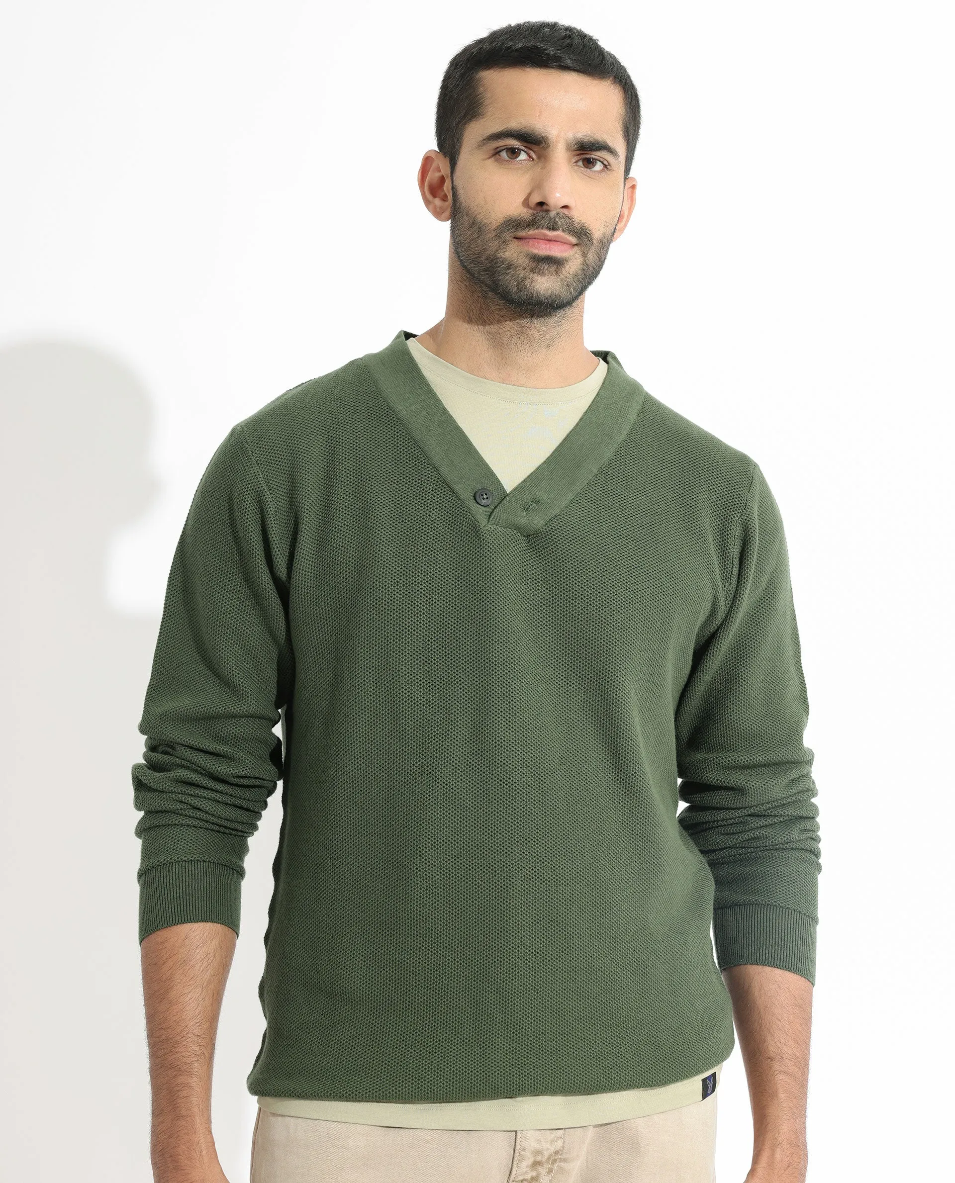 Rare Rabbit Mens Breeze Olive Sweater Full Sleeve V-Neck Solid