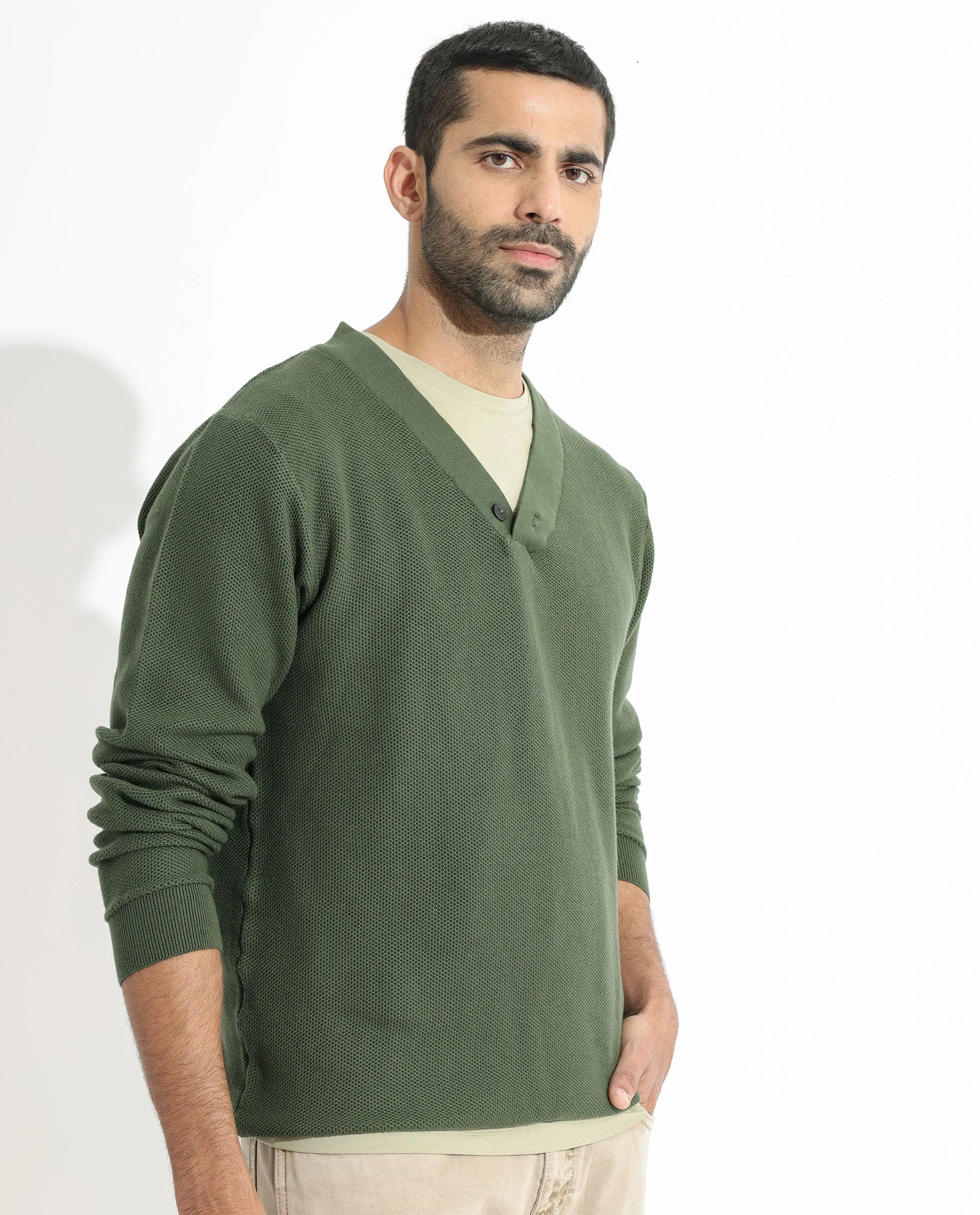 Rare Rabbit Mens Breeze Olive Sweater Full Sleeve V-Neck Solid