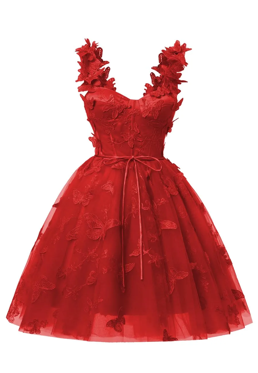 Red 3D Butterfly Lace Applique Tulle Homecoming Dress for Teens Sweetheart Mini Short Prom Dresses