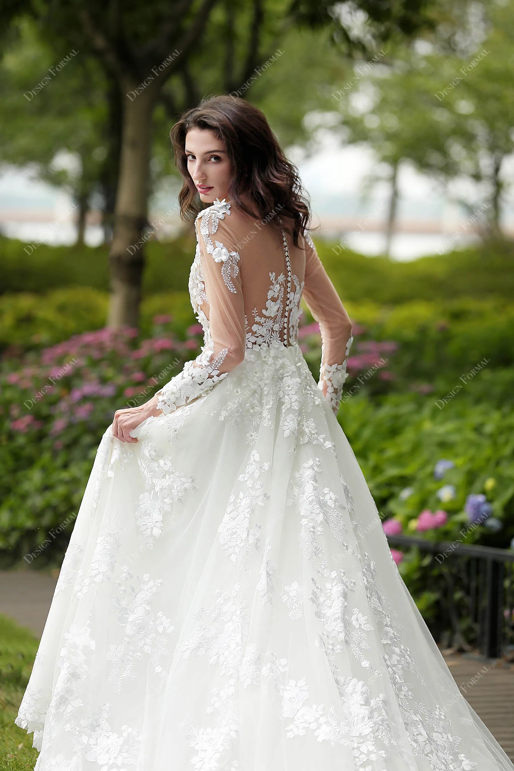 Romantic Flower Lace Illusion Long Sleeve Spring Wedding Dress