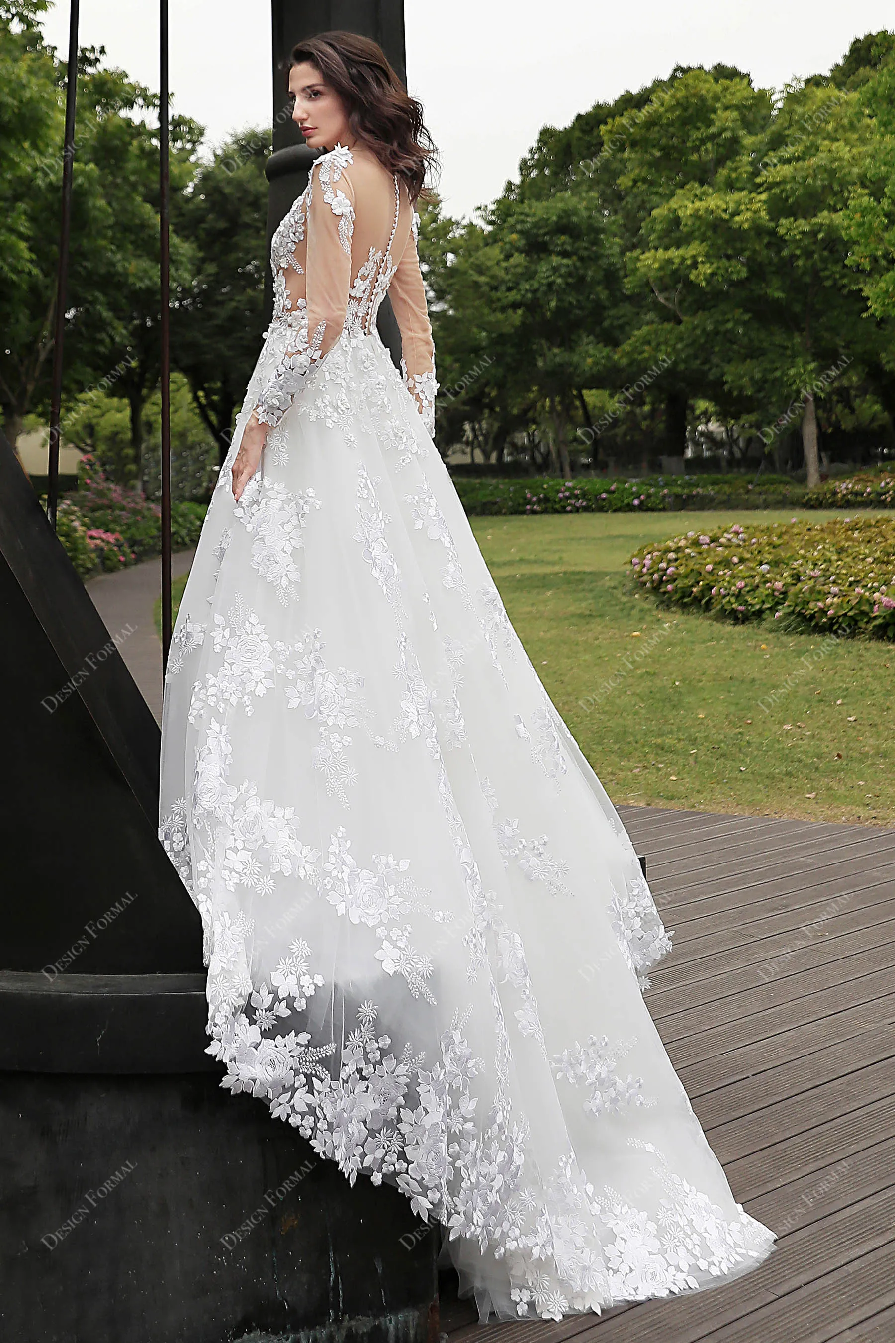 Romantic Flower Lace Illusion Long Sleeve Spring Wedding Dress