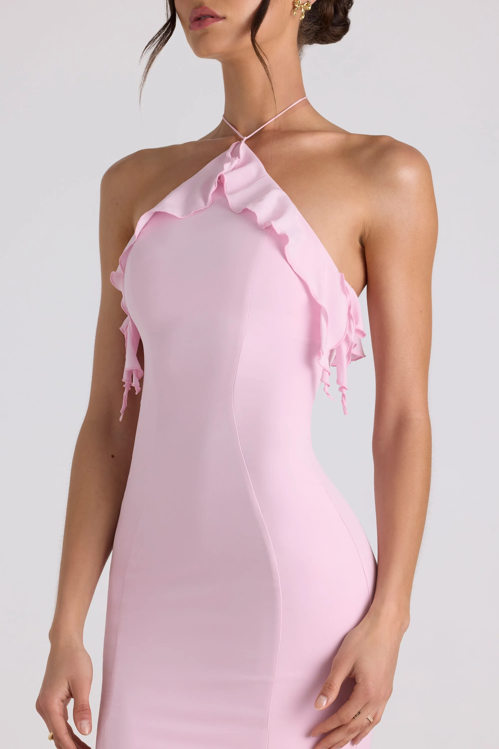 Ruffle-Trim Halterneck Gown in Soft Pink