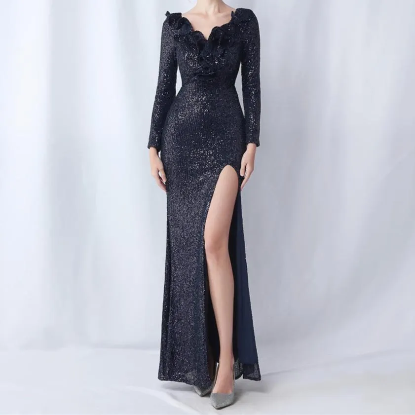 Therese Ruffled Long Sleeve Sequins Dress