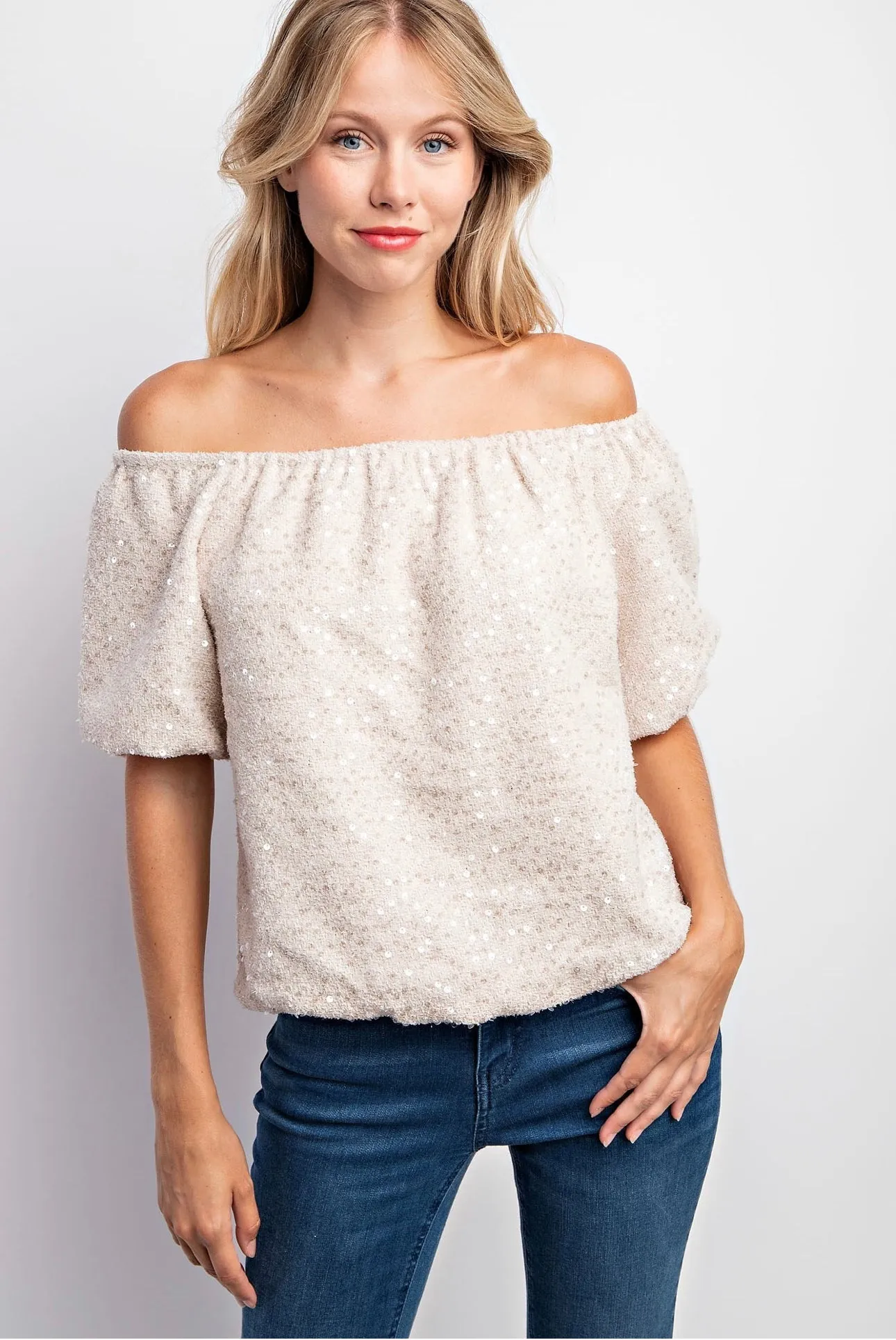 Tweed Puff Sleeve Sequin Top