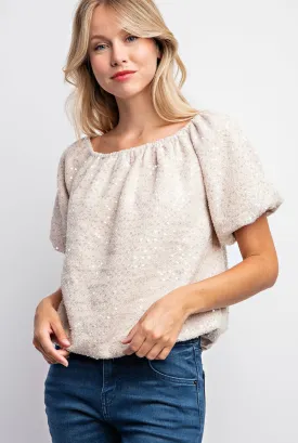 Tweed Puff Sleeve Sequin Top