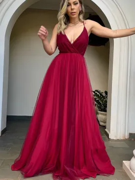 V Neck Backless Burgundy Tulle Long Prom Dresses, Backless Maroon Formal Dresses, Burgundy Evening Dresses