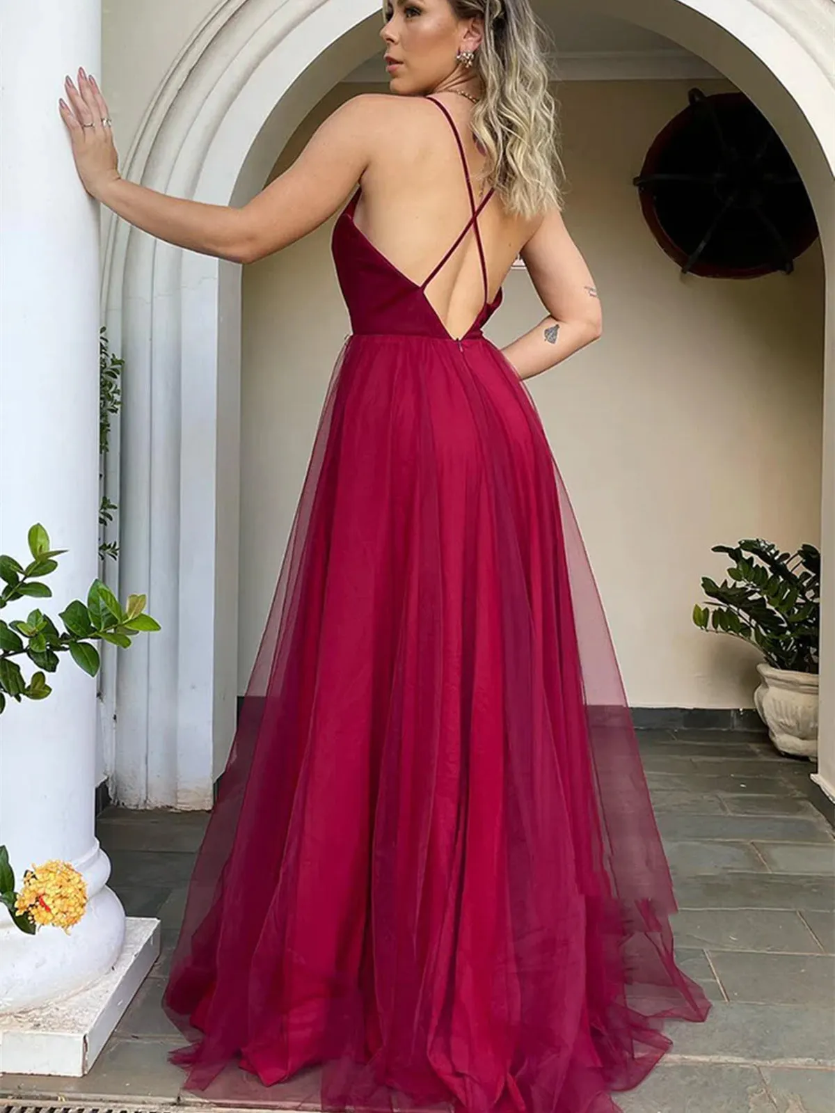 V Neck Backless Burgundy Tulle Long Prom Dresses, Backless Maroon Formal Dresses, Burgundy Evening Dresses