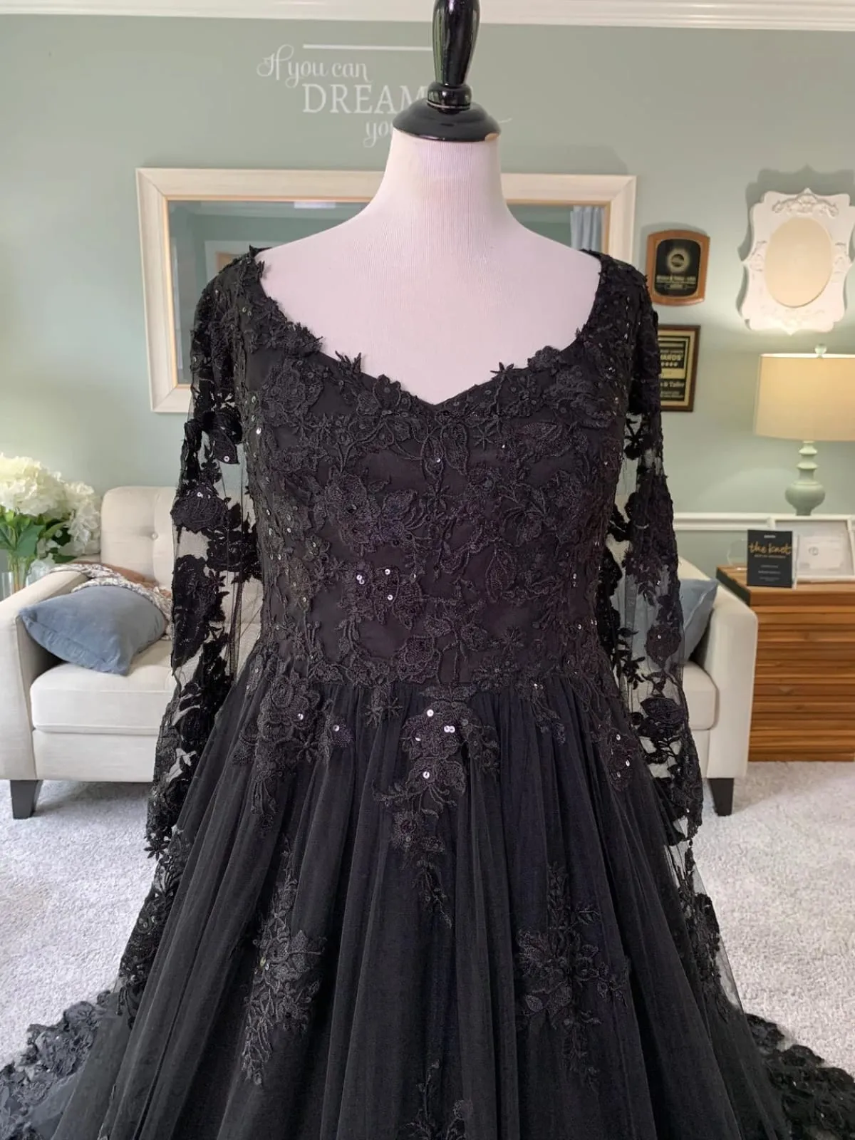 V Neck Long Sleeve Ballgown Black Lace Tulle Gothic Wedding Dress