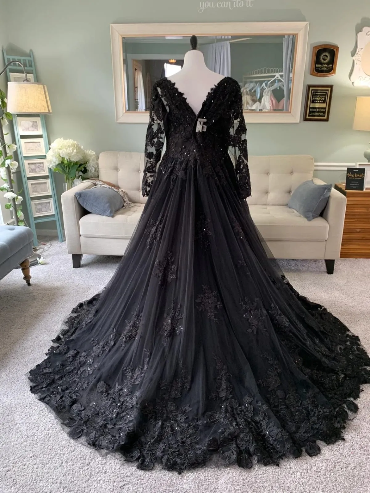 V Neck Long Sleeve Ballgown Black Lace Tulle Gothic Wedding Dress