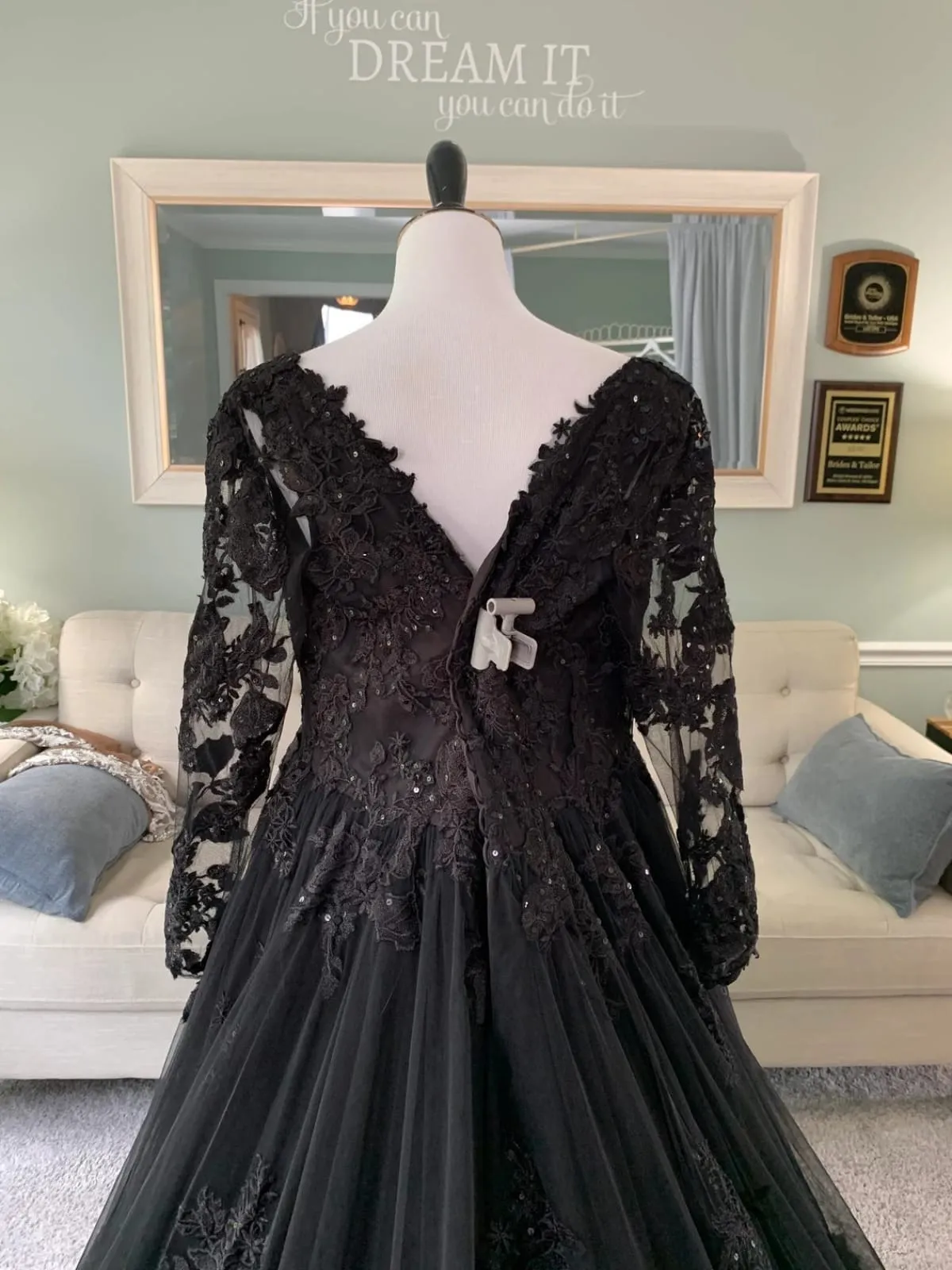 V Neck Long Sleeve Ballgown Black Lace Tulle Gothic Wedding Dress