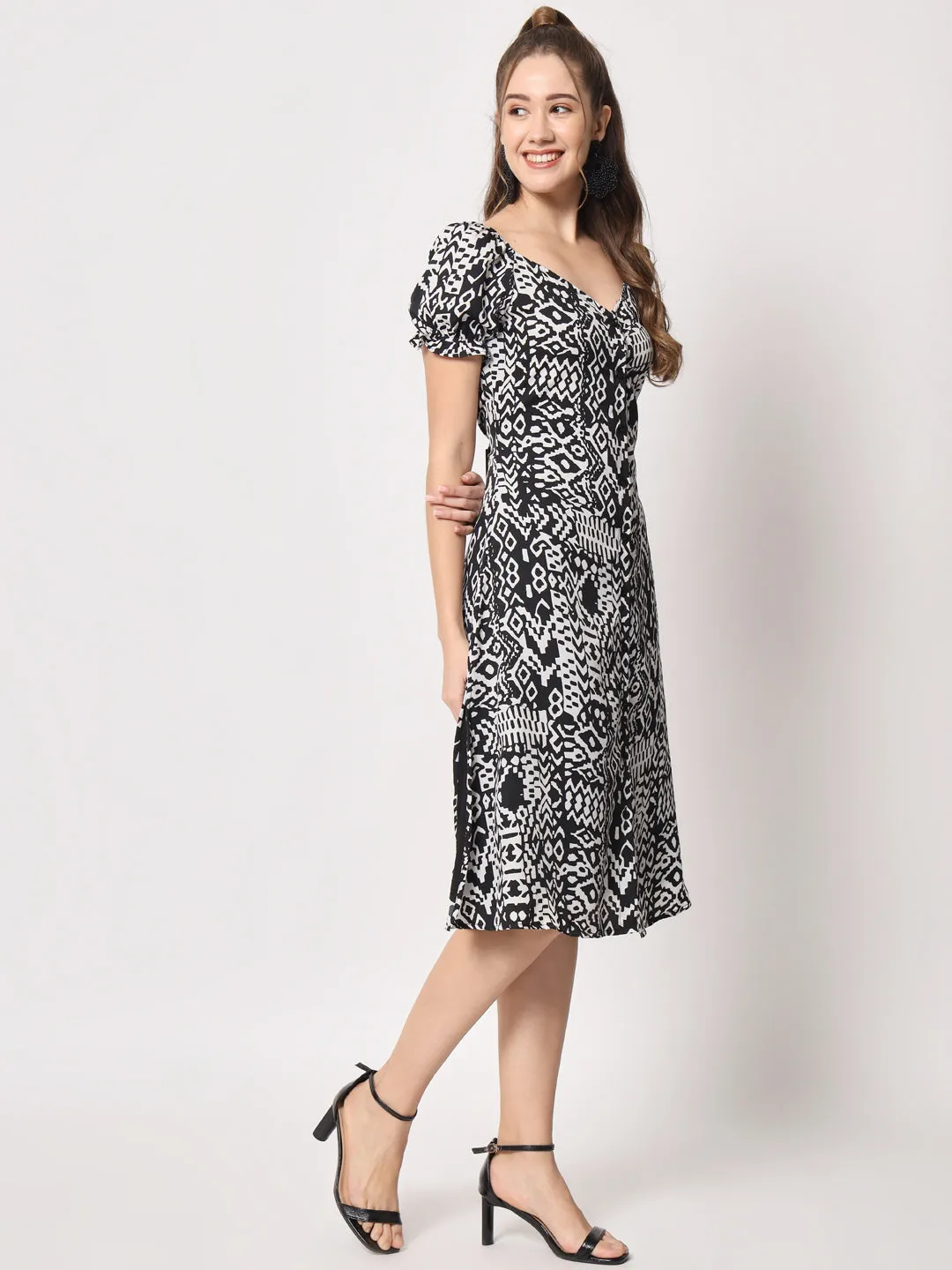 V-Neck Puff Sleeves Abstract Printed Fit & Flare Dress