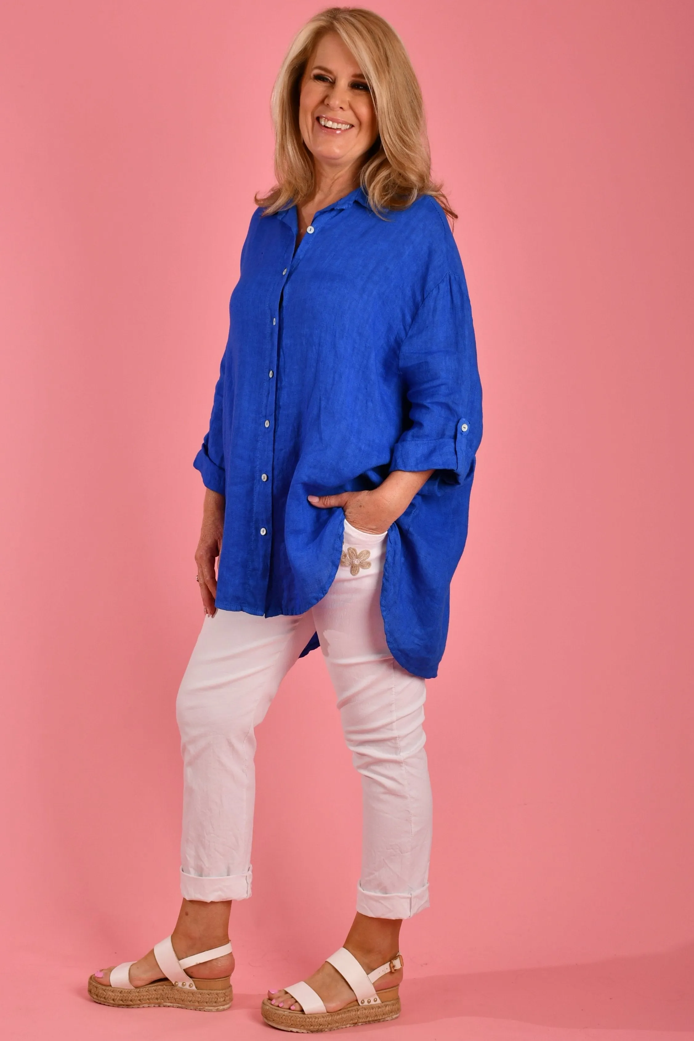 VLST600 (22C196) - NAPLES LINEN BUTTON UP - COBALT