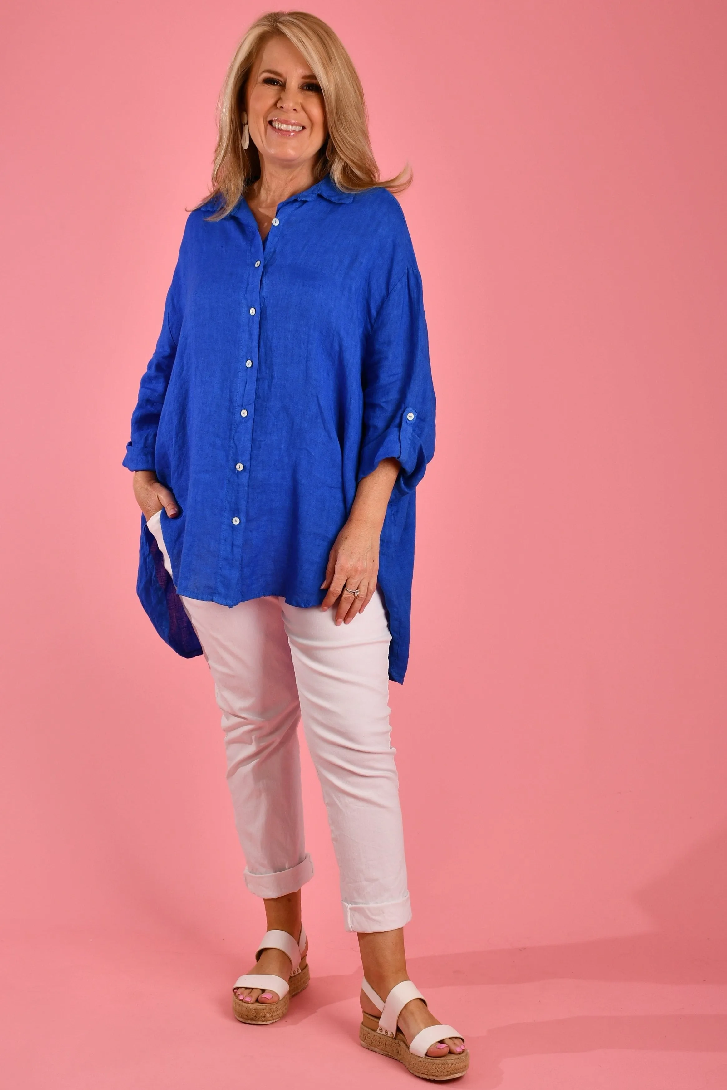 VLST600 (22C196) - NAPLES LINEN BUTTON UP - COBALT