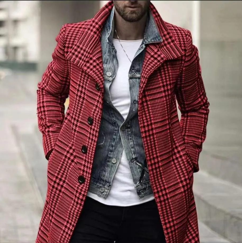 West Louis™ Warm Outwear Long Button Plaid Trench Coat