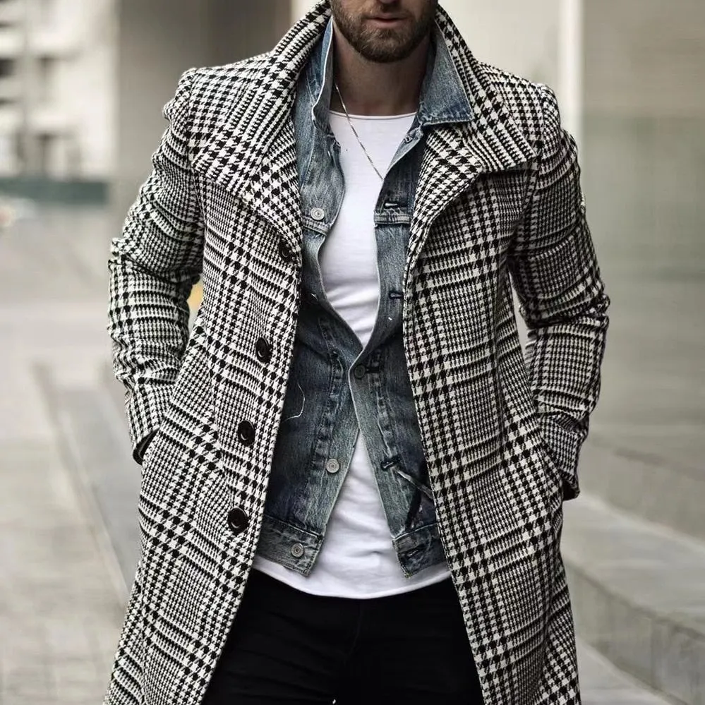 West Louis™ Warm Outwear Long Button Plaid Trench Coat