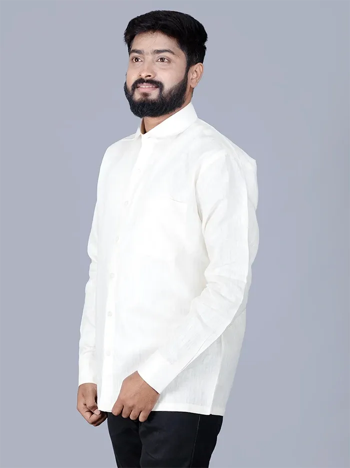 White Solid Handwoven Linen Men Full Sleeves Shirt